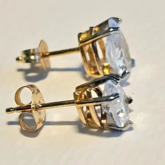 14k Real Gold Solitaire Cubic Zirconia Stud Earrings - 5 X 7mm, 1.32g - Picture 4 of 8